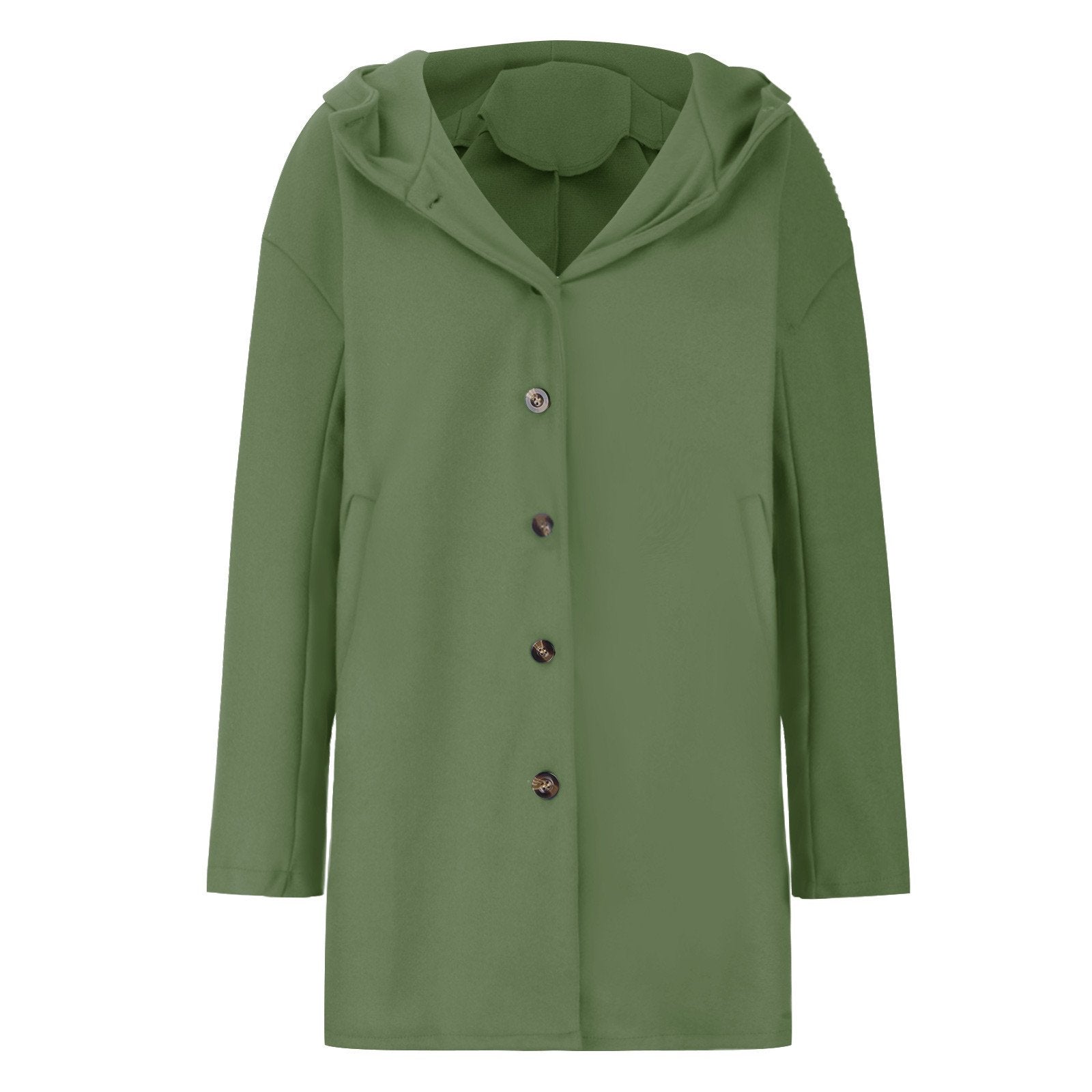 Grüner Damenmantel mit Kapuze und Knopfleiste, elegantes Design, Herbstmode, hochwertige Materialien, stilvolle Oberbekleidung für kühle Tage.