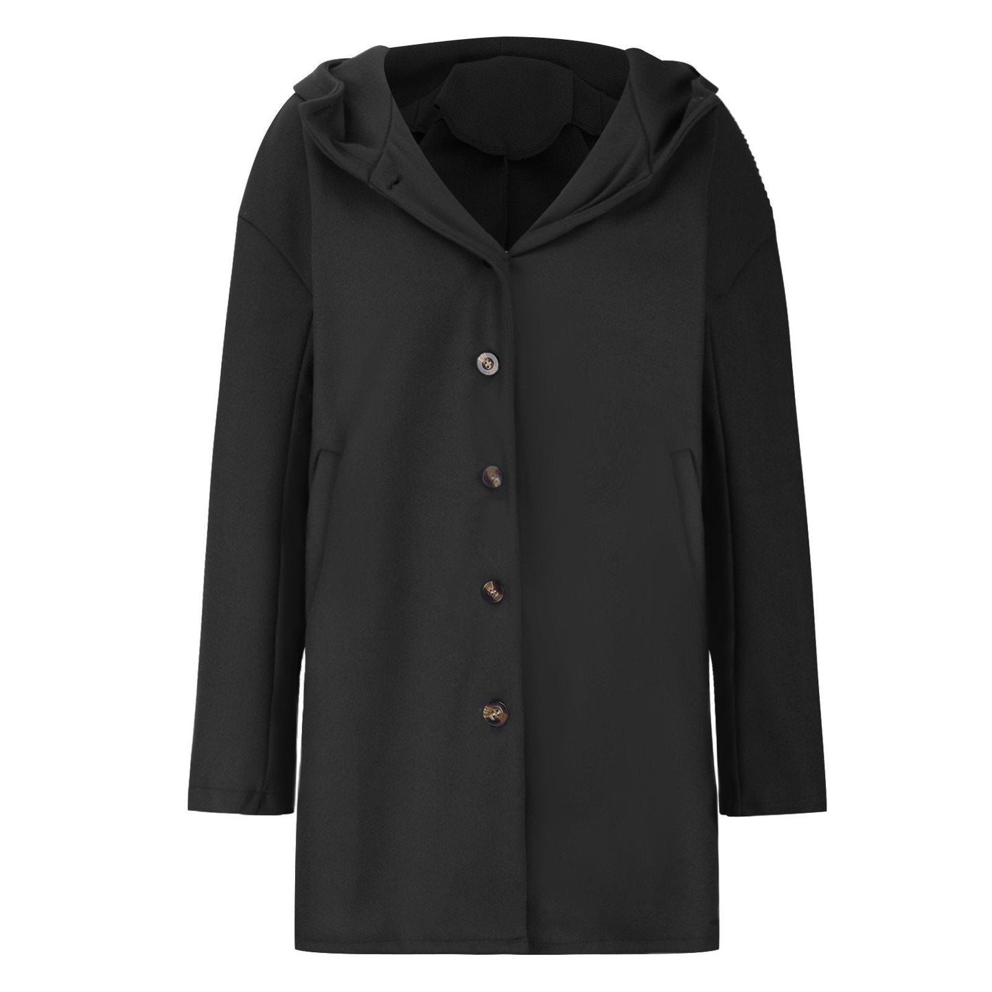 Schwarzer Damenmantel mit Kapuze, Knopfleiste und langen Ärmeln. Eleganter Wintermantel, ideal für kalte Tage. Hochwertige Mode für Damen.