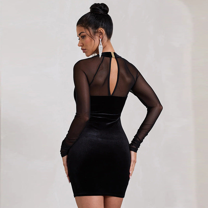 Damen Frühlingskleid mit Mesh-Details, Hohlschnitt, eckigem Ausschnitt und hoher Taille