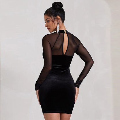 Damen Frühlingskleid mit Mesh-Details, Hohlschnitt, eckigem Ausschnitt und hoher Taille