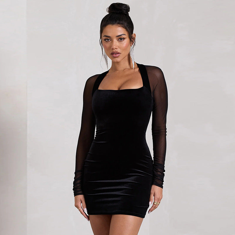 Damen Frühlingskleid mit Mesh-Details, Hohlschnitt, eckigem Ausschnitt und hoher Taille