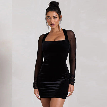 Damen Frühlingskleid mit Mesh-Details, Hohlschnitt, eckigem Ausschnitt und hoher Taille