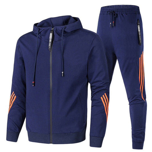 Dunkelblauer Trainingsanzug mit Kapuzenjacke und Jogginghose, orange Streifen, Reißverschluss, Sportbekleidung, Herrenmode, Fitness-Outfit.