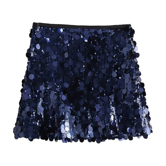 Dunkelblauer Paillettenrock, glitzernd und modisch, ideal für Partys und festliche Anlässe. Eleganter Minirock mit glänzenden Details.
