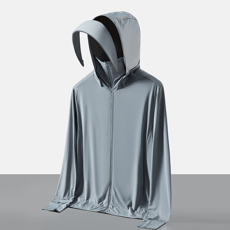 Damen Sommer-Sonnenschutzjacke mit Kapuze mit großem Schirm und abnehmbarer Gesichtsabdeckung