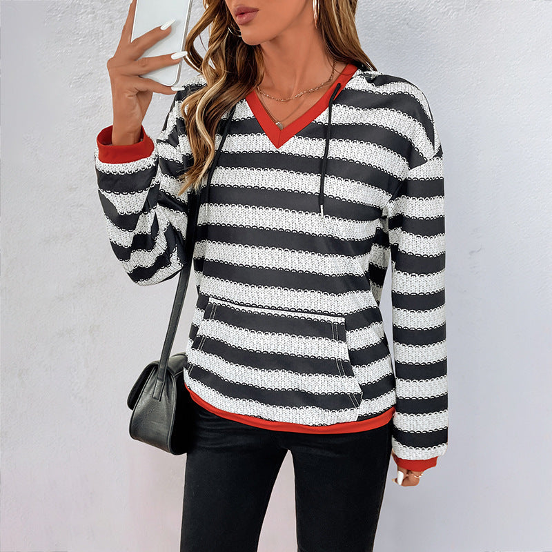 Damen Herbstpullover mit Schwarz-Weiß-Streifen, Langarm und mittlerer Dicke