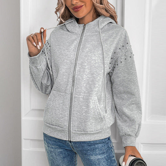 Damen Herbst Kapuzen-Strickpullover mit Perlendetails, Langarm und lockerer Passform in Hellgrau