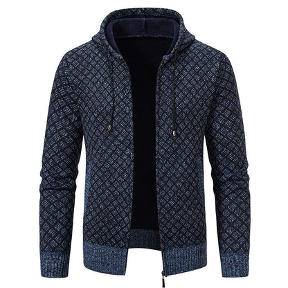 Dunkelblauer Herren-Strickpullover mit Kapuze, geometrischem Muster und Reißverschluss. Modischer Hoodie für Herbst und Winter.