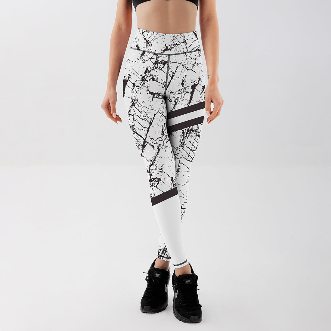 Damen-Leggings mit hoher Taille Stretch-Passform und schwarzem-weißem Marmorprint