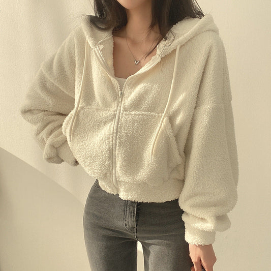 Damen Herbst Kapuzenpullover Lockere Passform Lammstruktur Langarm