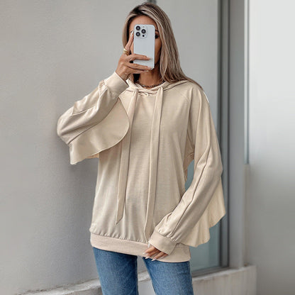 Damen Frühlings-Hoodie-Pullover mit Rüschenbesatz und Kapuze mit Kordelzug
