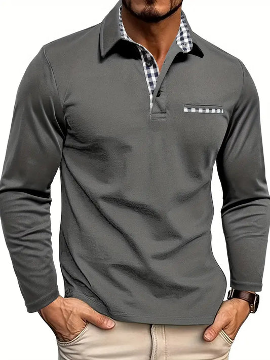 Herren Langarm Poloshirt Mit Kariertem Kragen Und Tasche