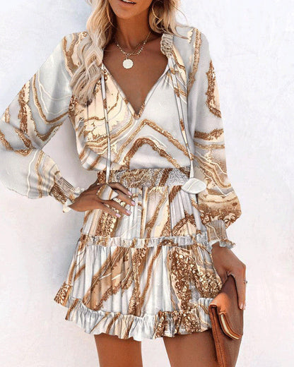 Kleid mit Blumenmuster, Patchwork und Puffärmeln, Tailliert mit Langarm | Ideal für Frühling und Herbst