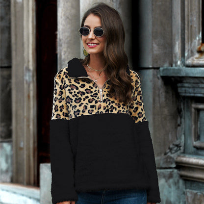 Damen Herbst Leopardenmuster Pullover Sweater Langarm Rundhalsausschnitt Gerader Schnitt