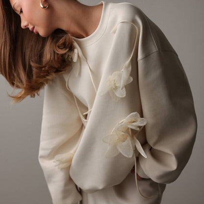 Damen Frühlings-Pullover mit Blumen-Jacquardmuster und lockerem Schnitt