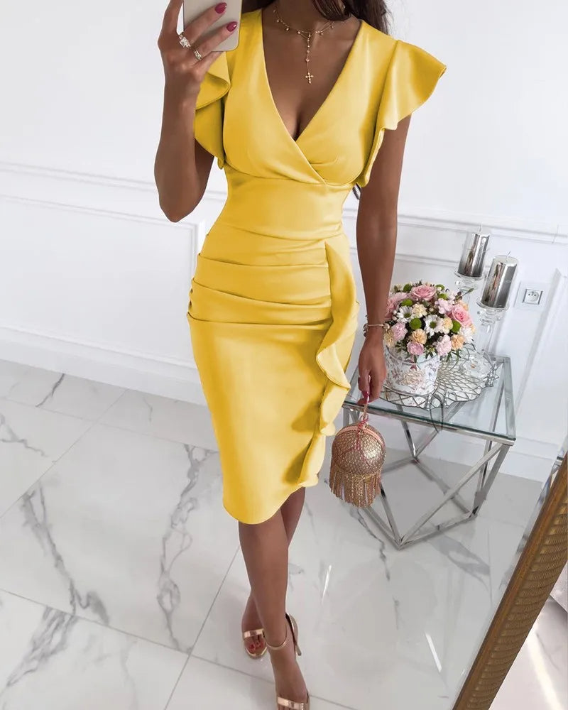 Damen Bodycon Kleid für den Frühling mit Schmetterlingsärmeln und Rüschenabschluss