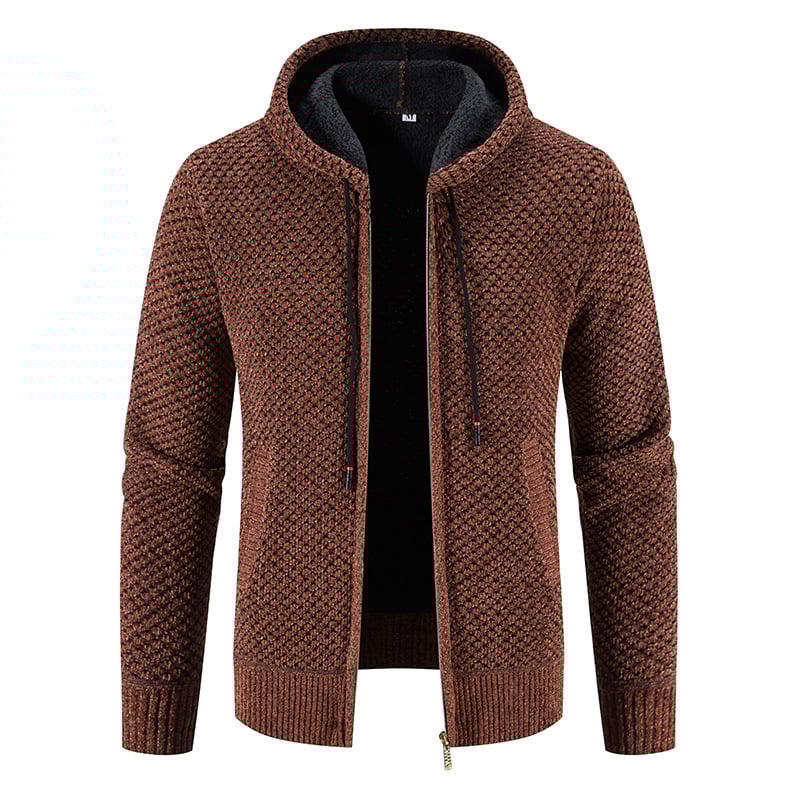 Braune Strickjacke mit Kapuze, Reißverschluss und Kordelzug. Modischer Herrenpullover, ideal für Herbst und Winter. Bequem und stilvoll.