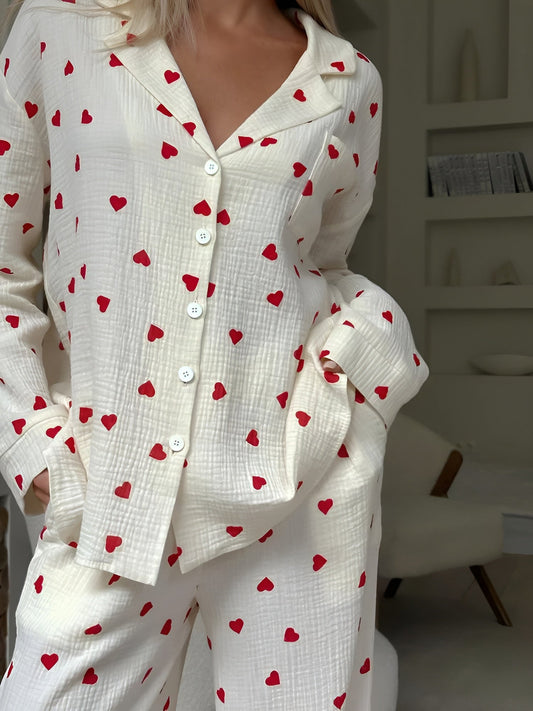 Damen Herz-Pyjama Set – Elegant für Frühling & Sommer