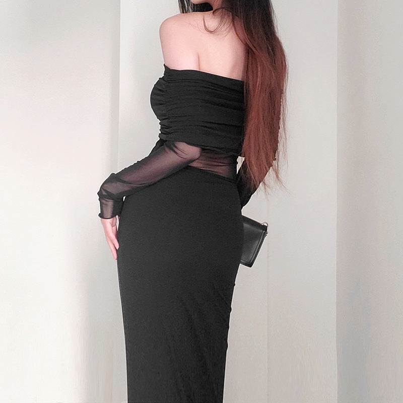 Schulterfreies Plissiertes Langarm-Maxikleid | Ideal für den Winter