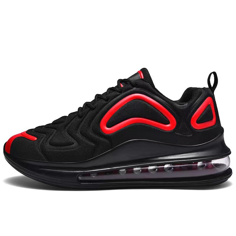 Schwarzer Sneaker mit rotem Akzent und sichtbarer Luftpolstersohle, sportliches Design, ideal für Laufen und Freizeit, modischer Sportschuh.