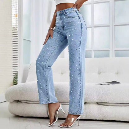 Damen-Cropped-Jeans für den Frühling mit mittlerer Taille und Perlenverzierung in Hellblau