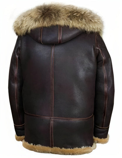 Braune Lederjacke mit Kapuze und Fellkragen, Rückansicht. Hochwertige Winterjacke, warmes Design, ideal für kalte Temperaturen.