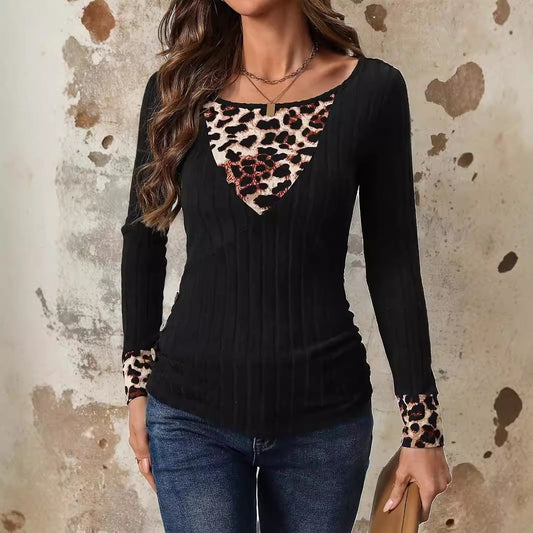 Damen Herbst Strickpullover mit Rundhalsausschnitt, Leopardenmuster und Langarm