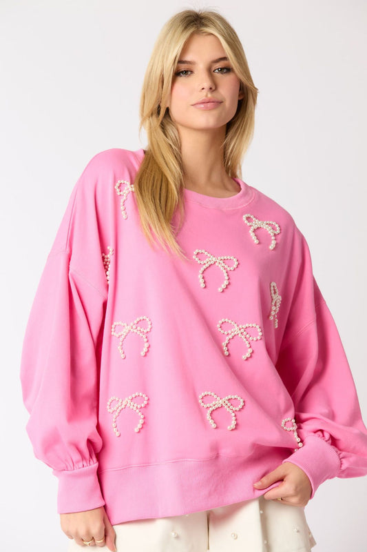 Damen Herbst-Sweatshirt mit Langarm, Pullover-Design, Schleifendeko und Perlendetails