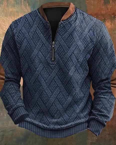 Dunkelblauer Herrenpullover mit Reißverschluss, Rautenmuster und braunen Ellbogenpatches. Stilvoller Strickpullover für Herbstmode.