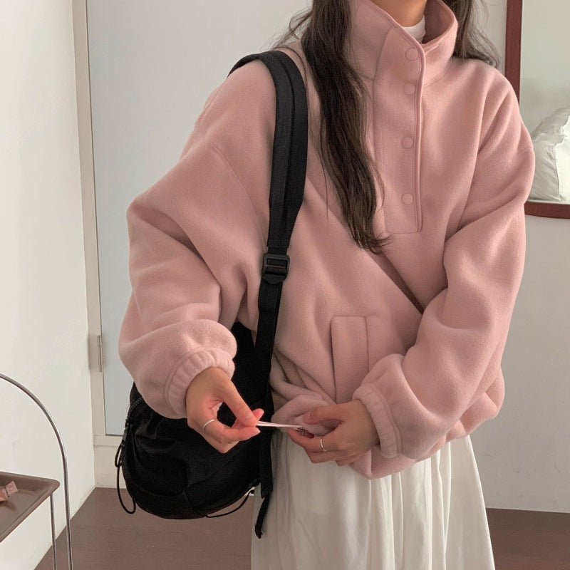 Damen Pullover-Sweater für den Herbst mit Stehkragen und Fronttasche