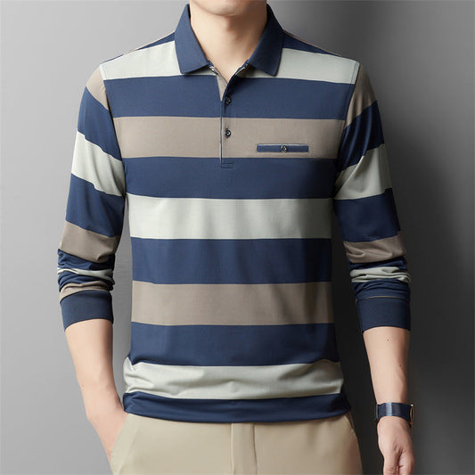 Herren Colorblock Gestreiftes Langarm-Lapel-T-Shirt – Ideal für Frühling und Herbst