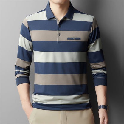 Herren Colorblock Gestreiftes Langarm-Lapel-T-Shirt – Ideal für Frühling und Herbst