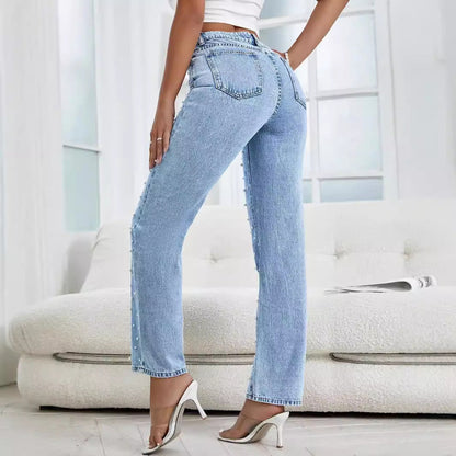 Damen-Cropped-Jeans für den Frühling mit mittlerer Taille und Perlenverzierung in Hellblau