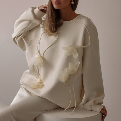 Damen Frühlings-Pullover mit Blumen-Jacquardmuster und lockerem Schnitt