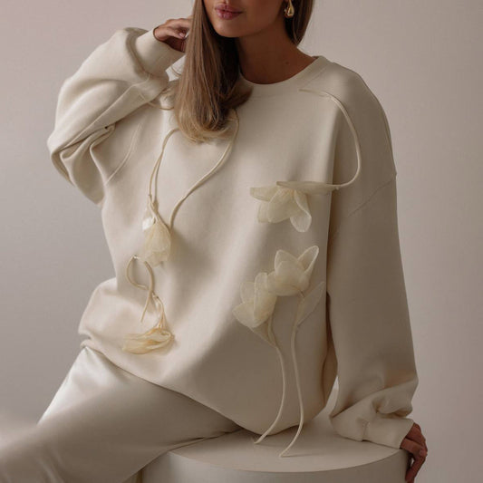 Damen Frühlings-Pullover mit Blumen-Jacquardmuster und lockerem Schnitt