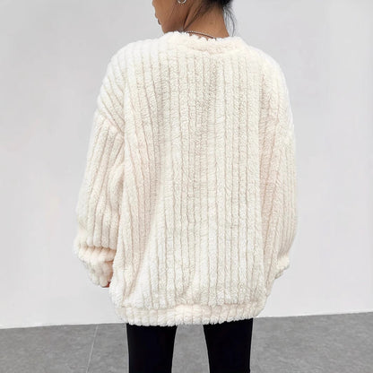 Damen Herbst-Flanellpullover mit Langarm und Fellbesatz in Weiß