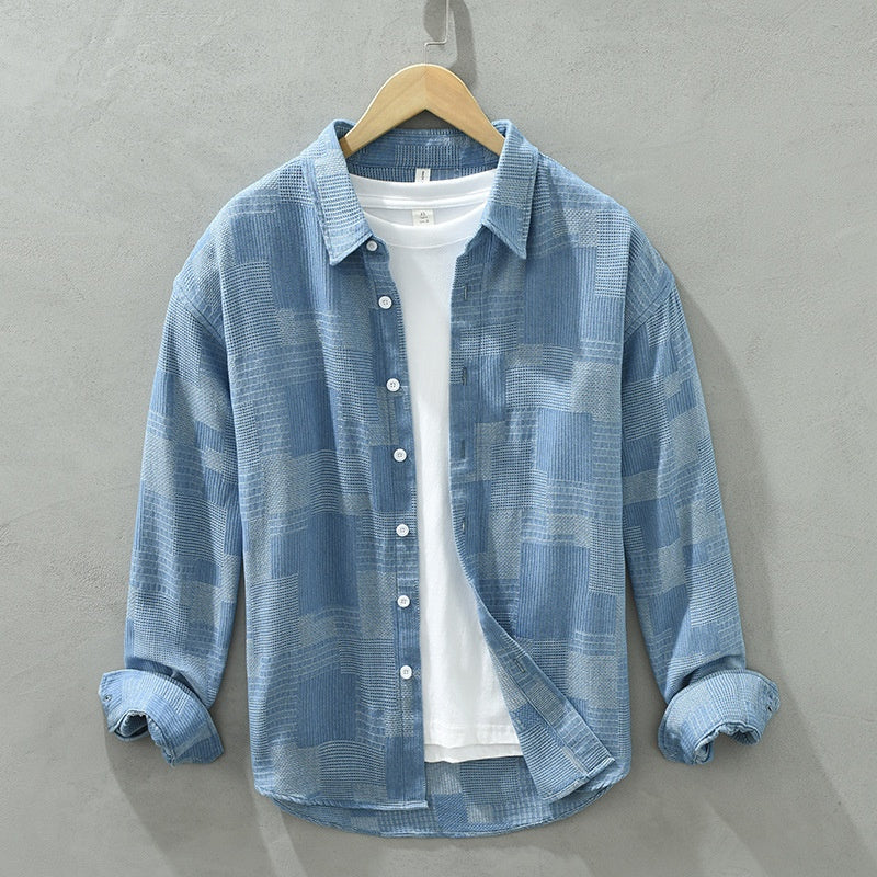 Jacquard Colorblock Denim-Langarmhemd – Ideal für Frühling und Herbst