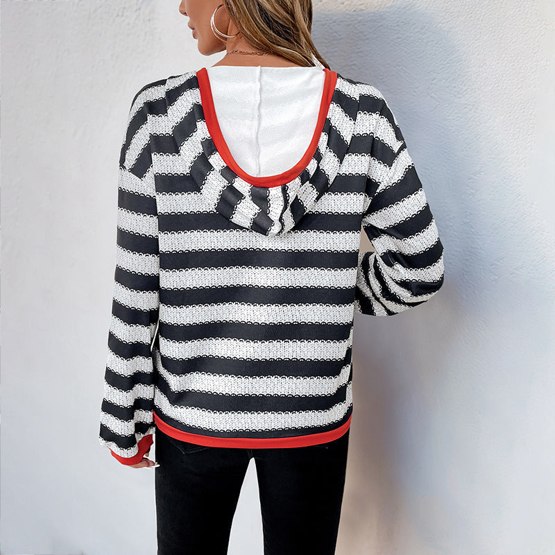 Damen Herbstpullover mit Schwarz-Weiß-Streifen, Langarm und mittlerer Dicke