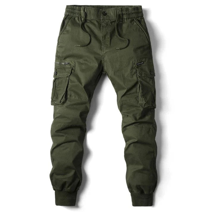 Olivgrüne Cargo-Hose für Herren mit elastischem Bund, mehreren Taschen und Bündchen. Ideal für Outdoor-Aktivitäten und Freizeitkleidung.