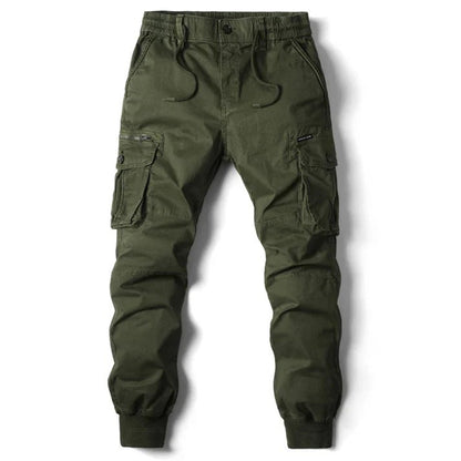 Olivgrüne Cargo-Hose für Herren mit elastischem Bund, mehreren Taschen und Bündchen. Ideal für Outdoor-Aktivitäten und Freizeitkleidung.