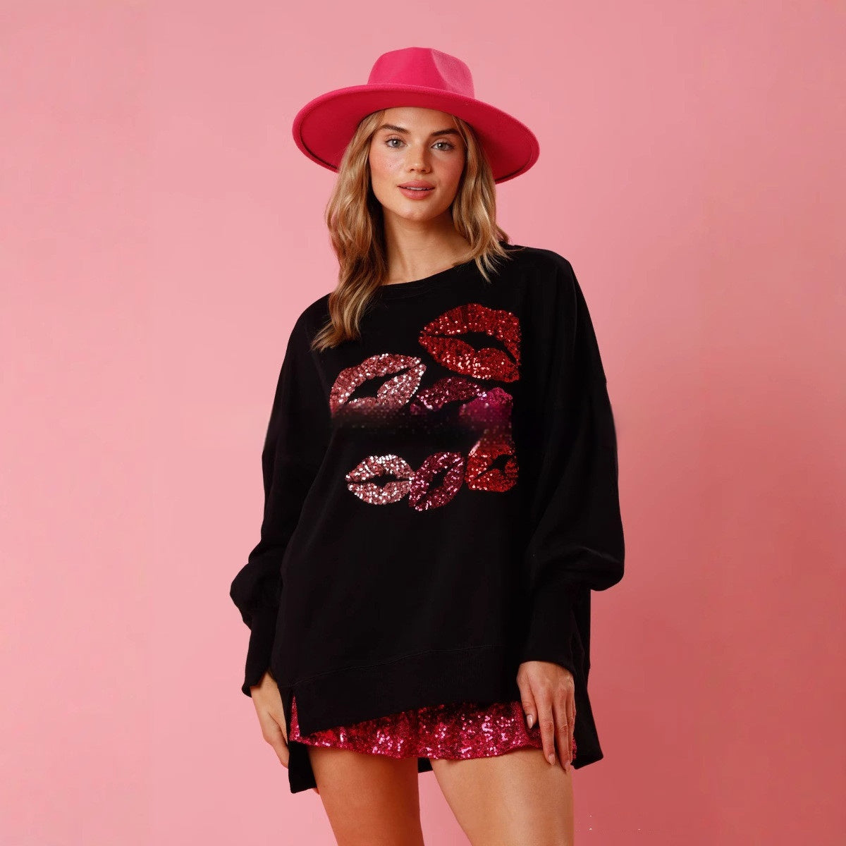 Damen Pullover-Oberteil mit Pailletten-Lippenmotiv, langen Ärmeln und mittlerer Stoffdicke