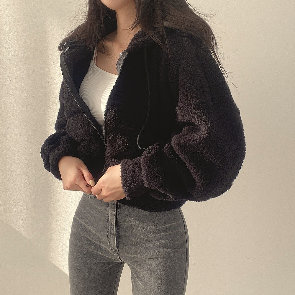 Damen Herbst Kapuzenpullover Lockere Passform Lammstruktur Langarm