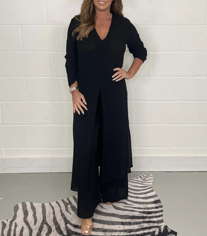 Bluse mit Knopfleiste und Hose mit elastischem Bund Set – Ideal für den Sommer