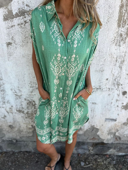 Bedrucktes Baumwoll-Leinen-Kleid mit kurzen Ärmeln & Taschen | Perfekt für Frühling & Sommer