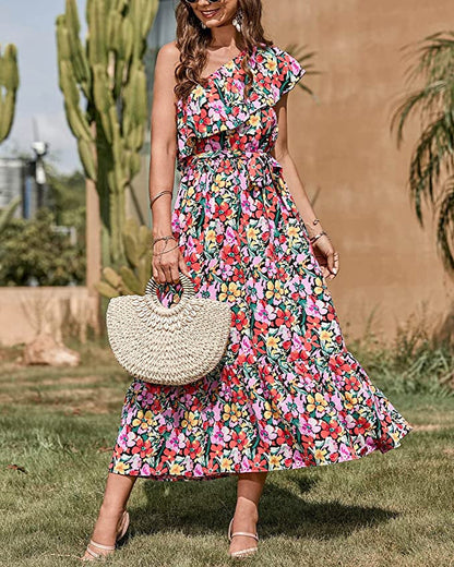 Ärmelloses Boho-Kleid mit asymmetrischer Schulter, hoher Taille und floralem Muster | Ideal für Frühling und Sommer