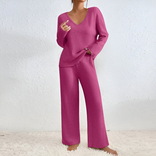 Zweiteiliges Strick-Set mit V-Ausschnitt Pullover & Hose | Ideal für Herbst & Winter