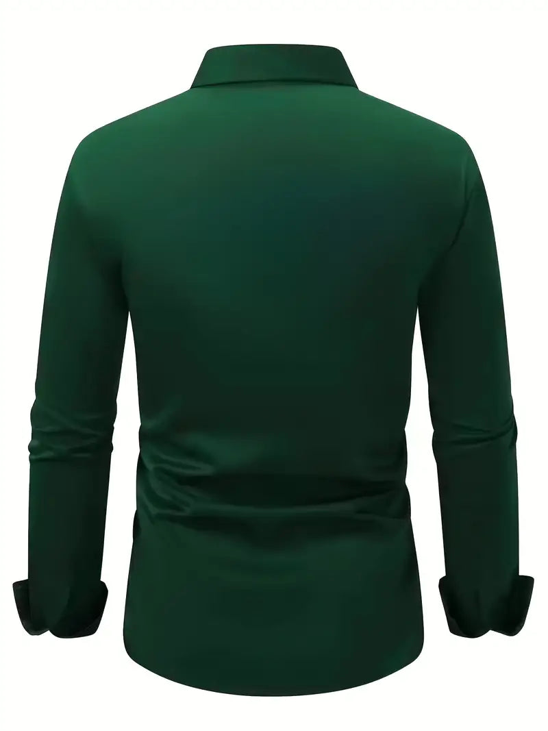 Dunkelgrünes Herrenhemd, langärmelig, Rückansicht. Elegantes Design, klassischer Kragen, ideal für formelle Anlässe und Business-Outfits.