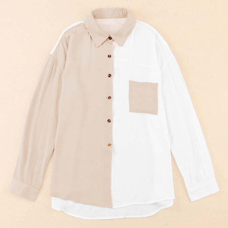 Zweifarbige Hemdbluse, beige und weiß, mit Knopfleiste und Brusttasche. Modische Damenbekleidung, ideal für Büro und Freizeit.