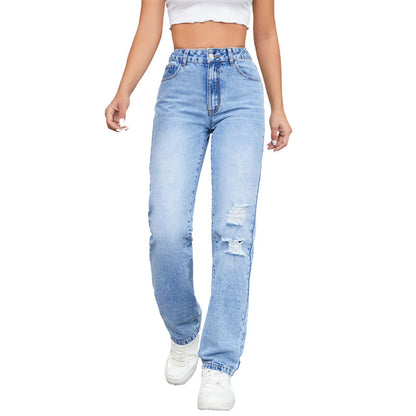 Damen-Jeans mit geradem Bein lockerem Schnitt hoher Taille und Ripped-Details