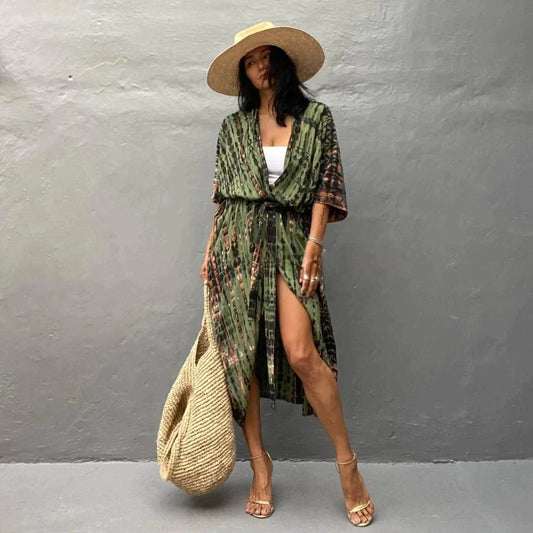 Langer Kimono Mit Fließender Silhouette In Armeegrün Für Damen | Ideal Für Frühling/Sommer